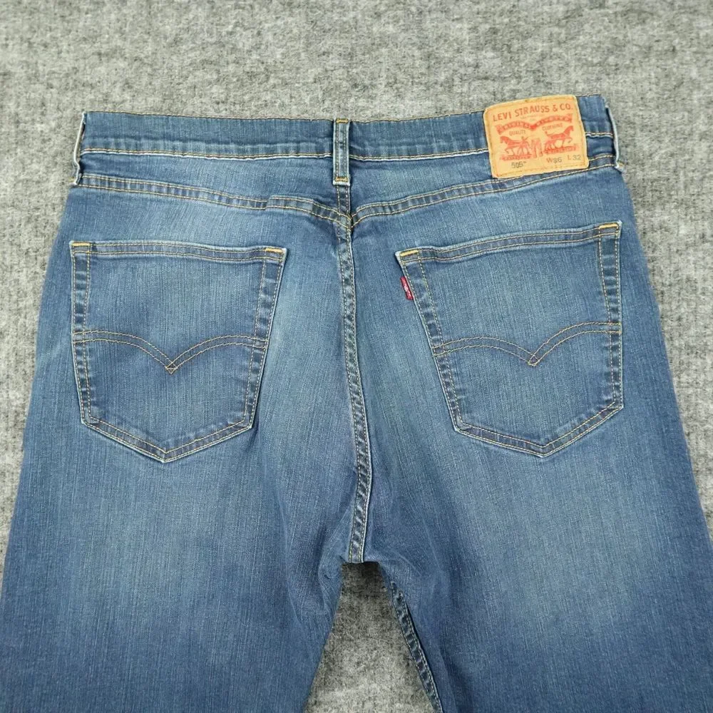 Levis Jeans Mens 36X32 Blue Denim 505 Regular Fit Straight Leg Casual Med Wash‎
